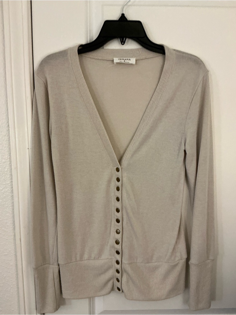 Zenana Classic Snap Button Knit Cardigan Deep V Neck Beige Sweater Size S